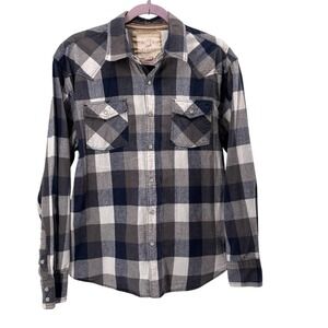 Ditch Plains Plaid Western Shirt Pearl Snap Button Long Sleeve Men XL Blue Gray